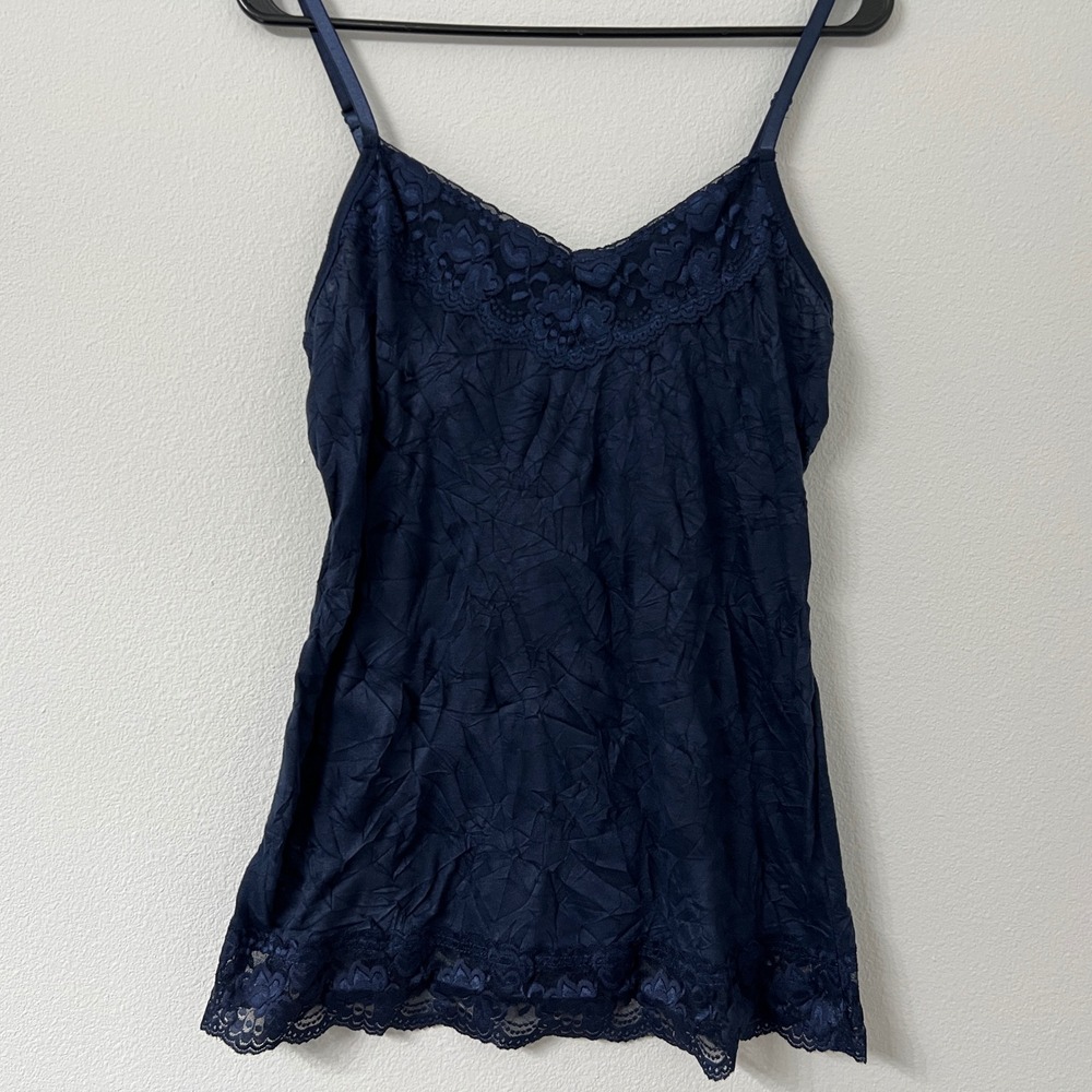 Dressbarn Camisole Women XL Navy Blue Lace Trim Crinkle Texture Tank Top